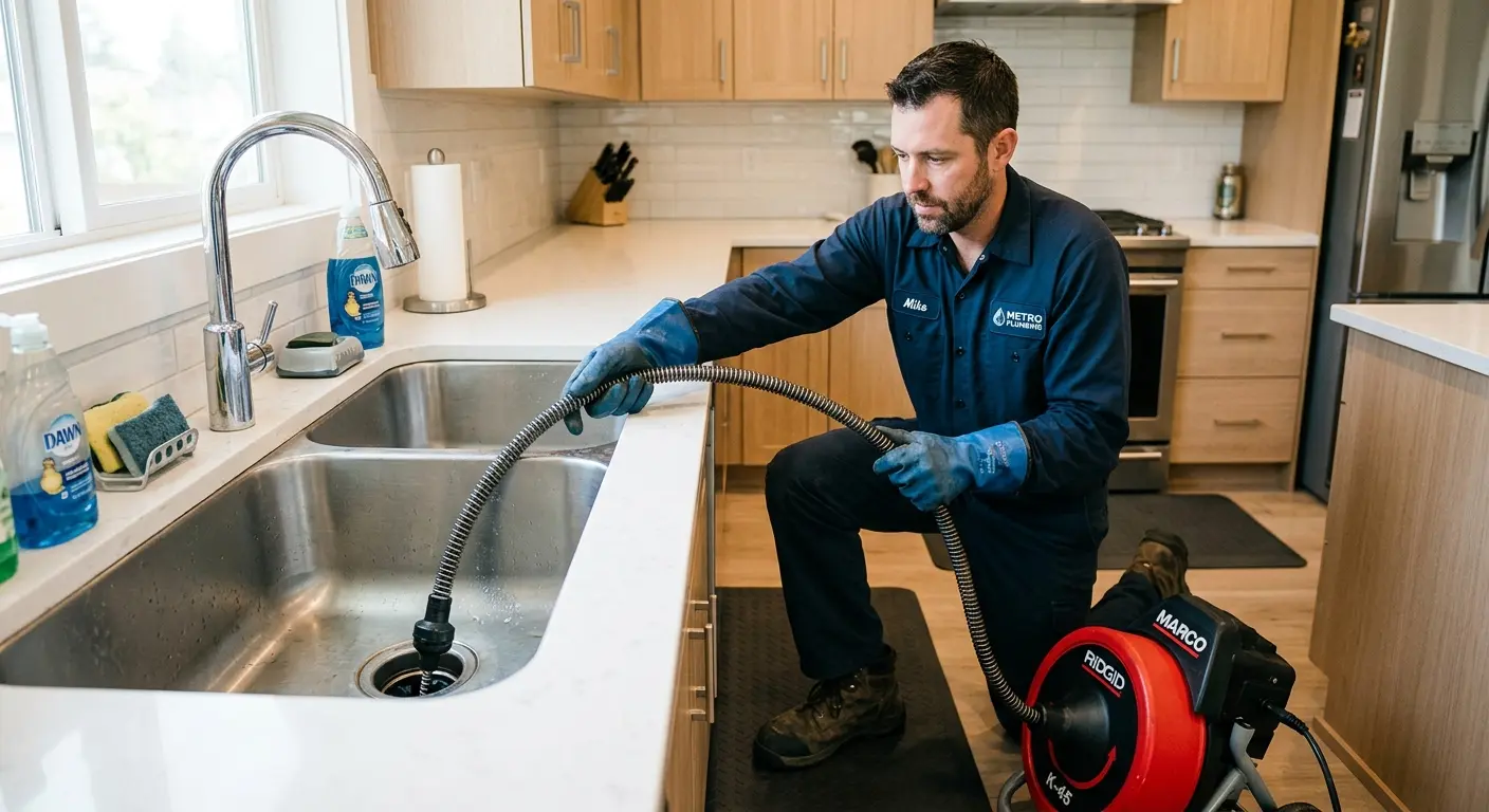 Drain cleaning technician using a motorized snake on a kitchen sink in Highland Heights
