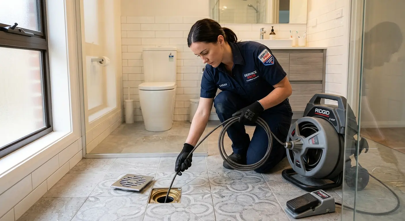 Technician clearing a bathroom floor drain for Clogged Drain Repair in Highland Heights